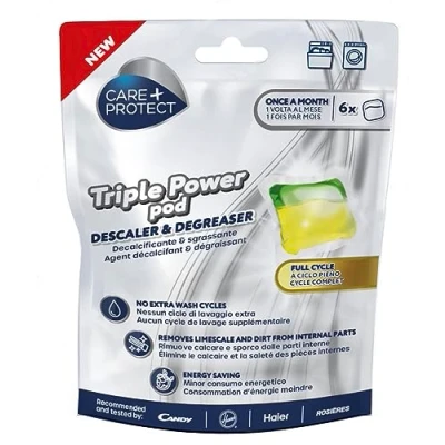 Image of CARE+PROTECT Triple Power Pod Descaler &amp; Degreaser for Washing Machine/Dishwasher, Full Cycle Hygieniser, Cleaner, Limescale Remover, Energy Saving Solution, Pack of 6 Pods, Months Protection