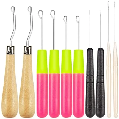 Image of Ferleiss Bent Latch Hook Crochet Needle Hook, Include Wooden Plastic Curl for Hair Carpet Making