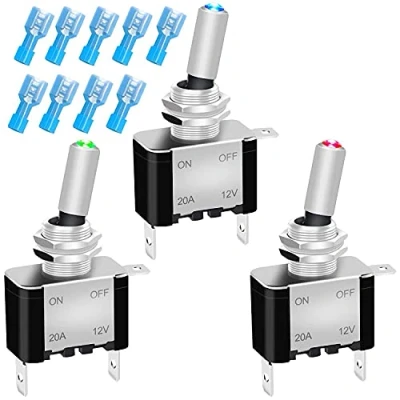 Image of Gebildet 3pcs 20A 12V 24VDC 3 Pin SPST ON/OFF Rocker Toggle Switch LED Illuminated (Red,Green,Blue),Used for Car Auto Truck Boat+9pcs Terminal