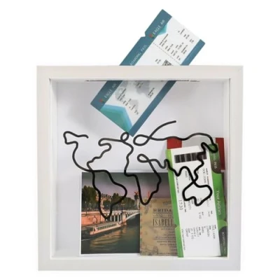 Image of Adventure Archive Box, 20x20cm White Travel Memory Box Wood Frame Tickets Collection Shadow with Slot for Movie Theater Stubs