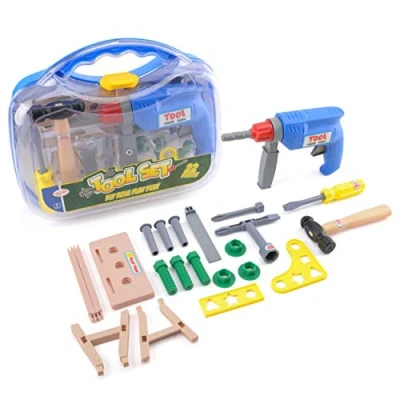 Image of Toyrific Kids Tool Set, Pretend Construction Role Play with Drill and Carry Case, Educational DIY Set 22 Pieces