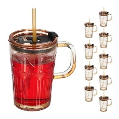 Image of Relaxdays Set of 10 Glass Cups, Drinking Glasses with Lid &amp; Straw Handle, Vol. 450 ml, Transparent
