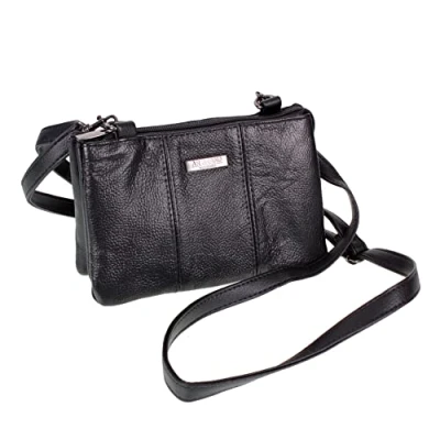 Image of AR BRAND EST. 2021 Ladies Small Leather Handbag with Zipped Triple Section Crossbody Shoulder Bag