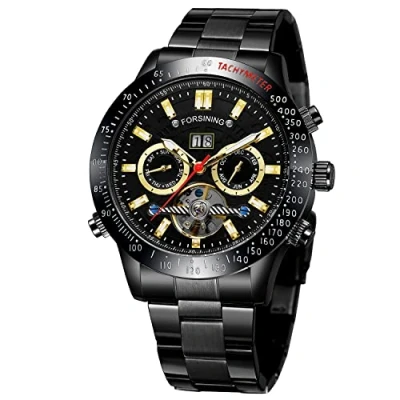 Image of FORSINING Men&#039;s Waterproof Mechanical Automatic Tourbillion Watch Calendar Date Month Stainless Steel Wrist Watch, Black,