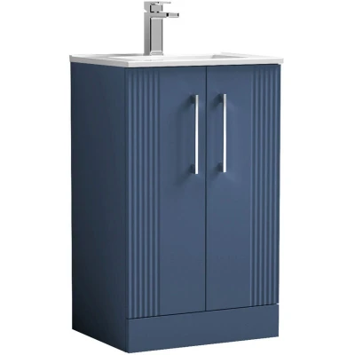 Image of nuie Modern Bathroom Floor Standing 2 Door Part Fluted Vanity Unit with Minimalist Ceramic Basin, Satin Blue, 500MM