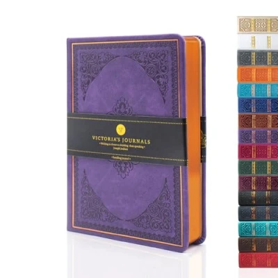 Image of VICTORIA&#039;S JOURNALS Leatherette Vintage Journal Hard Cover Lined Notebook Old Looking Travel Diary (Purple, B6)
