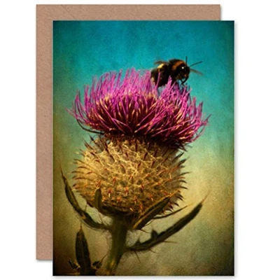 Image of Wee Blue Coo Thistle Edinburgh Scotland Bumble Bee Grunge Birthday Sealed Greeting Card Plus Envelope Blank inside