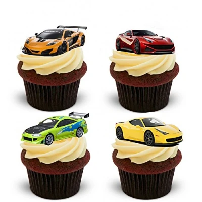 Image of 12 Stand Up Supercar Fast Car Edible Wafer Paper Cake Toppers Decorations