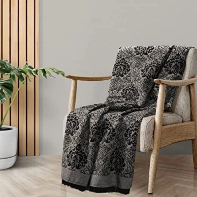 Image of EHC Damask Chenille Jacquard Sofa Armchair Single Bed Blanket Throw, 125 X 150 Cm Smoke