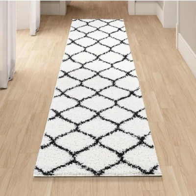 Image of homeart Area Rug Super Soft Geometric Shaggy Rugs For The Living Rooms, Bedrooms And Kitchen Modern, Easy To Clean Carpet(Trellis Ivory Black 80x300 cm)