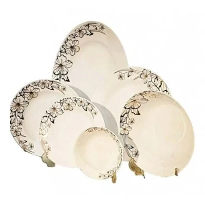 Image of Deluxe 26PC Florence Embossed Round Dinner Set Porcelain Paris Mold Dinnerware Crockery Plates,Bowls,Serving Dish,Deep Plate