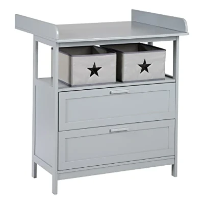 Image of roba Wooden Changing Table Dresser with Removable Top &#039;Hamburg&#039; Nursery 2 Drawers + Canvas Boxes Height: 92 cm (Grey)