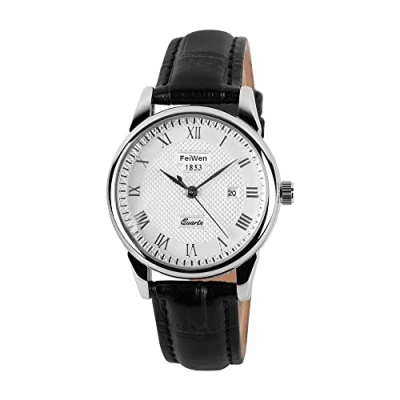 Image of FeiWen Unisex Fashion Stainless Steel Analog Quartz Watch for Women and Men Roman Numerals Calendar Business Dress Casual Wrist Watches with Leather Band, Black