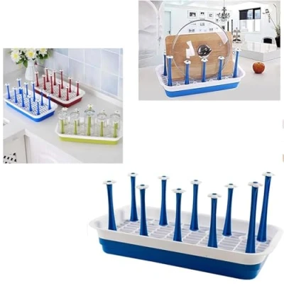 Image of HK Online Rectangle Dish Drainer Counter Top Rack, MUG &amp; BOTTLE Holder, Drip Tray, Vegetable Rack (BLUE TImer)