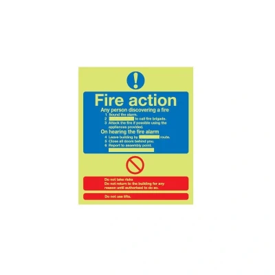 Image of Sitesafe Fire Action Standard Procedure Photoluminescent Rigid PVC Sign 250 x 300mm