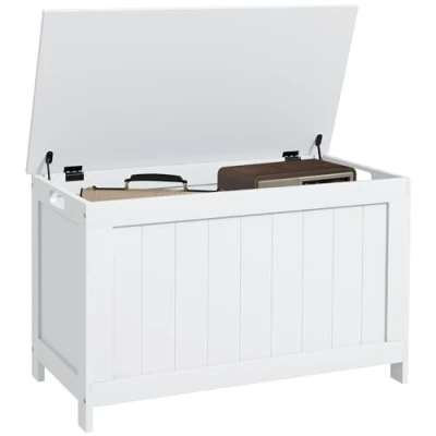 Image of HOMCOM Storage Chest, Modern Trunk with 2 Safety Hinges and Cut out Handles, Wooden Toy Box for Living Room, Entryway, 76 x 40 48 cm, White
