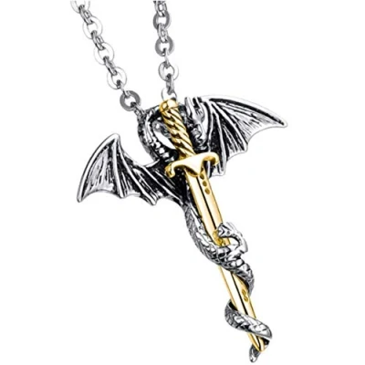 Image of MayiaHey Wing Dragon Sword Necklace for Men, Stainless Steel Cross Boys Flying Pendant Gothic Punk Jewelry (Gold)