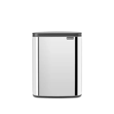 Image of Brabantia Bo Waste Bin 12L Stylish &amp; Handy Rubbish Easy Open Soft Closing Lid Hygienic Space Efficient Transport Grip for Bathroom, Home Office Bedroom Brilliant Steel