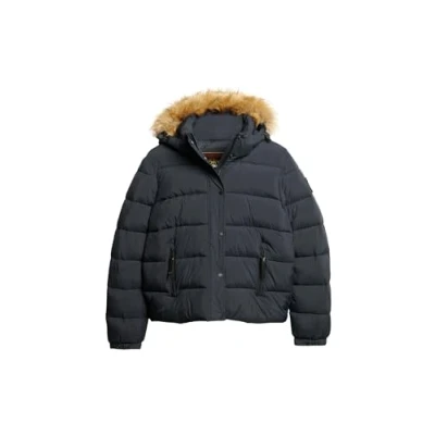 Image of Superdry Women&#039;s Faux Fur Short Hood Puffer Jacket, Eclipse Navy Blue, UK 14
