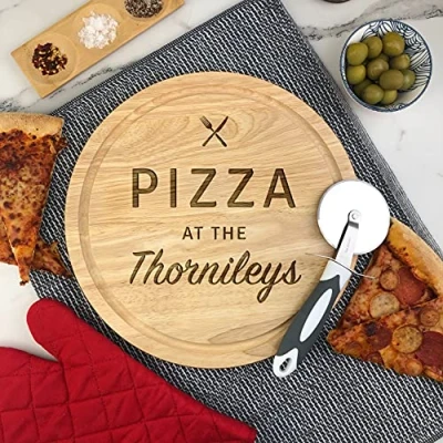 Image of eBuyGB Personalised Wooden Pizza Board, 30cm Custom Chopping Serving Birthday Present, New Home Any Surname Engraved
