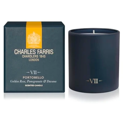 Image of Charles Farris Luxury Scented Candle Portobello, Rose, Raspberry &amp; Oak 50+ Hours Burn Time Artisan Hand Finished Glass Jar, Made in England (Portobello)