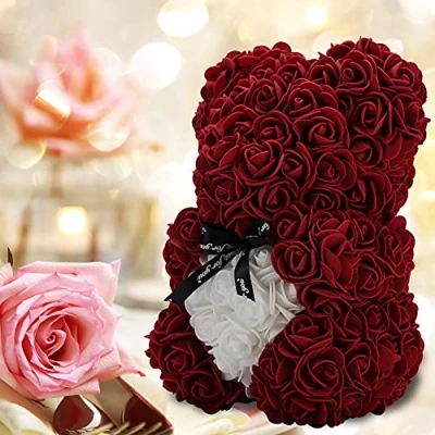 Image of Gifts for Women，Birthday ，Rose Flower Bear Hand Made Rose Teddy Bear,Best Artificial Decoration mom, Girls,Unique Gifts,The Perfect Party Clear Gift Box (Wine red)