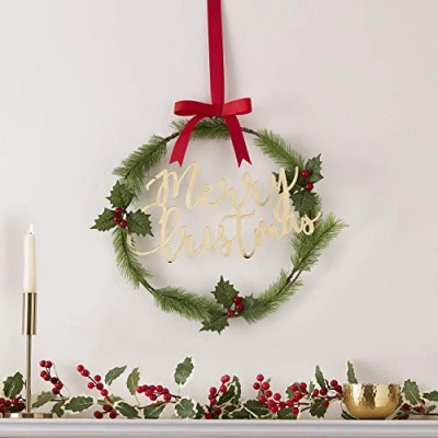 Image of Ginger Ray Christmas Wreath with Gold Merry Reusable Hanging Decoration