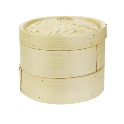 Image of Vogue Bamboo Food Steamer 203 mm Diameter, Natural Wood Colour, 2 Tier Design, Tight Fitting Lid, Asian Cuisine, K303
