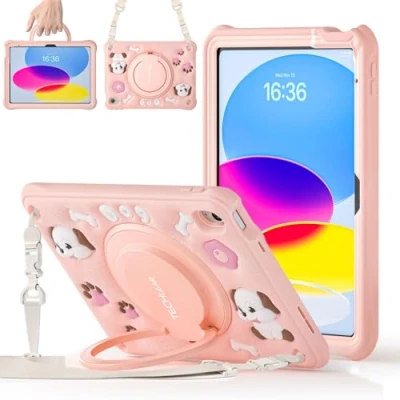 Image of TECHGEAR BubblyToons Kids Case for Apple iPad 10th Generation 10.9&quot; / 10 2022 Nursery Schools Child Friendly Soft &amp; Rugged Tough Case, 360 Rotating Stand Ring Grip Hand Holder Puppy Dog