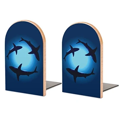 Image of Floating Sharks Wooden Book Ends Non Slip Stand Holder Bookshelf Bookends For Shelves Home Office Decor