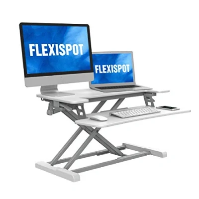 Image of FLEXISPOT Standing Desk Converter Sit to Stand up Riser with Dual Monitor and Laptop, Height Adjustable Computer Workstation Wide Keyboard Tray, White