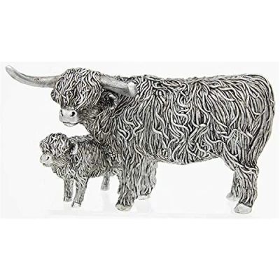 Image of Small Silver Highland Cow and Wee Calf Ornament