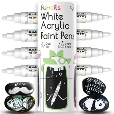 Image of Funcils 4 Dual Tip White Acrylic Paint Pens Extra Fine &amp; Medium Markers for Metal, Rocks, Canvas, Wood, Ceramic, Glass, Fabric, Plastic Kids Adults