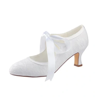 Image of Emily Bridal Wedding Shoes Women&#039;s Lace Spool Heel Closed Toe Pumps (EU39/UK6, White)