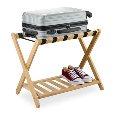 Image of Relaxdays Luggage Stand, Foldable, Bamboo, HxWxD: 56 x 68.5 41.5 cm, Suitcase Rack with Shelf for Hotels, Natural,