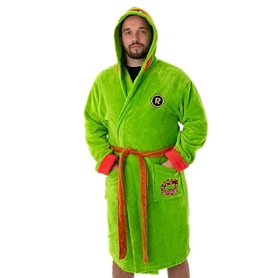 Image of Teenage Mutant Ninja Turtles Mens Hooded Bathrobe Adults Superhero Costume Dressing Gown in Green Raphael Comic Book Fleece Loungewear Movie Nightwear Apparel Gift for Him