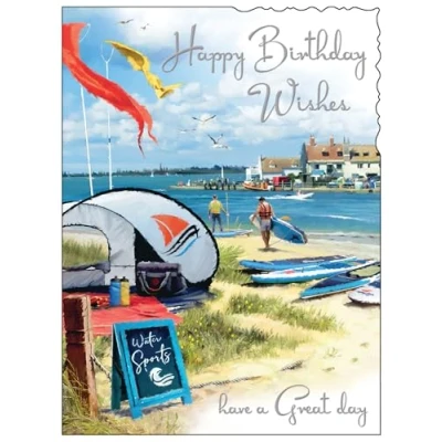 Image of Jonny Javelin Male Birthday Card Happy with Artistic Watersports Beach Scene and Embossed Foil Details for Men