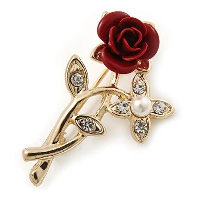 Image of Avalaya Classic Red Rose with Simulated Pearl Brooch in Gold Plating 35mm Across