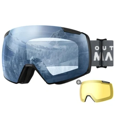 Image of OutdoorMaster Heron Ski Goggles with 2 Lens, Frameless, Magnetic Interchangeable HD Toric OTG Snowboard Goggles(BlackFrame Silver Vlt 10% + YellowLens)