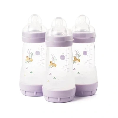 Image of MAM Easy Start Self Sterilising Anti Colic Baby Bottle Pack of 3 (3 x 260 ml), with Medium Flow Teats Size 2, Newborn Essentials, (Designs May Vary)