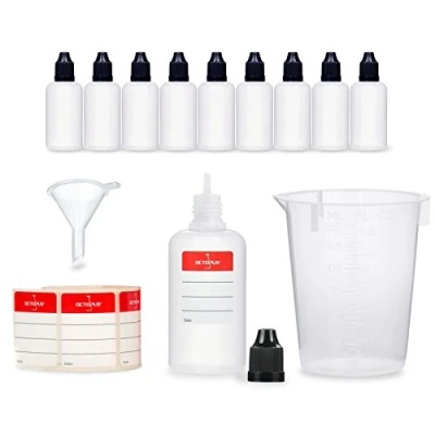 Image of 10 x 50 ml Plastic Bottles with Funnel + Measuring Cup Labels, LDPE Bottles, Dosing Dropper or Squeeze Black Lids