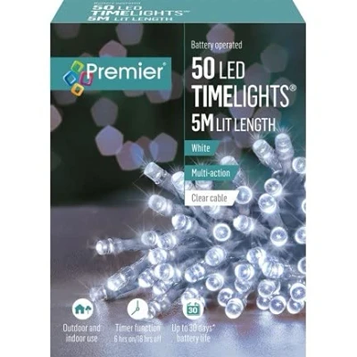 Image of Premier 50 LED 5m Battery 8 Function Outdoor Smart Timer Lights Clear Wire White