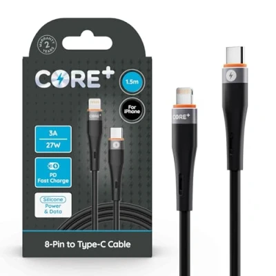 Image of CORE + USB C to 8 Pin iPhone Charger Cable 2.4A 20W Fast Charging Compatible with iPhone, iPad, Airpods Pro Max, Plus 13, 14, 12, 11, 10 (1 x 1.5m 27W Premium Silicone)