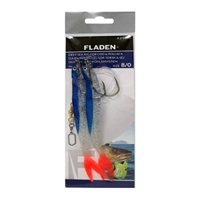 Image of FLADEN Fishing Deep Sea Cod Glitter Rig Large Size 8/0 Hooks Ready Tied Black or Blue 14cm Twintail Softbait (Size Hooks) (Blue Glitter)