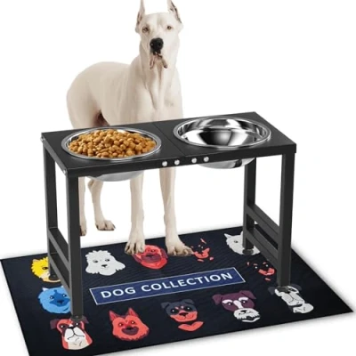 Image of ADENGL Elevated Dog Bowls for Large Dogs with Sprill Proof Mat, Raised Bowl Stand Food &amp; Water Bowls, 13.7in Tall Feeder Extra Breed 101OZ Mat 20x32in