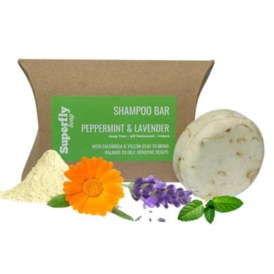 Image of Shampoo Bar by Superfly Soap. SLS and soap free, vegan friendly zero plastic. 99% naturally derived ingredients. Nourishes, strengthens softens Peppermint &amp; Lavender for greasy hair.