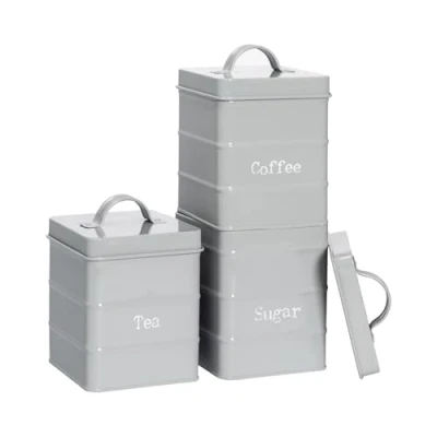 Image of Harbour Housewares Round Metal Tea Coffee Sugar Canisters Grey 3pc Set Vintage Kitchen Storage Loose Beans Granulated Airtight Container Food Preserve Caddy with Lid