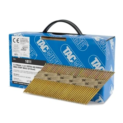 Image of Tacwise 1811 Extra Galvanised Framing Nails 3.1/90 mm, D Head, Ring Shank, 34 Inclined, Paper Collated, Pack of 800