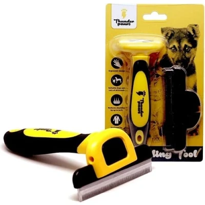 Image of Best Professional Deshedding Tool and Pet Grooming Brush D Shedz by Thunderpaws for Small, Medium Large Breeds of Dogs Cats with Short or Long Hair Yellow