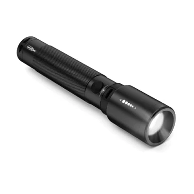 Image of ANSMANN Rechargeable LED Torch, 400 Lumens Flashlight with Adjustable Focus &amp; 4 Functions [Black] Splash, Shock Proof Light Incl Li Ion Battery, USB Cable Wrist Strap 3 Year Warranty, Aluminium, 5 W